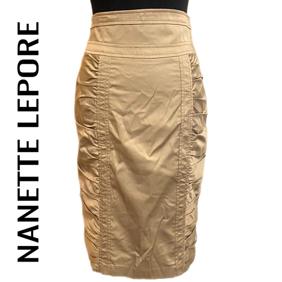 Nanette Leepore Tan Ruched Pencil Skirt Back slit Women’s Size - Picture 1 of 16